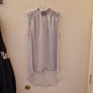 Asymmetrical Gray Sleeveless Blouse with Mandarin Collar